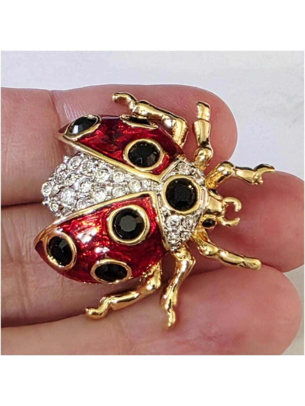 Vintage Signed BUTLER Red Enamel & Pavé Rhinestone Ladybug Brooch - Picture 2 of 7